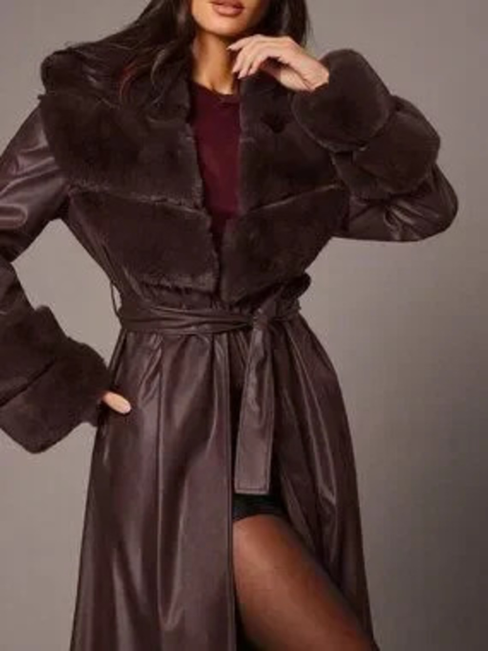 Coffee Brown Casual Women's Faux Fur Collar Long Sleeve Jacket